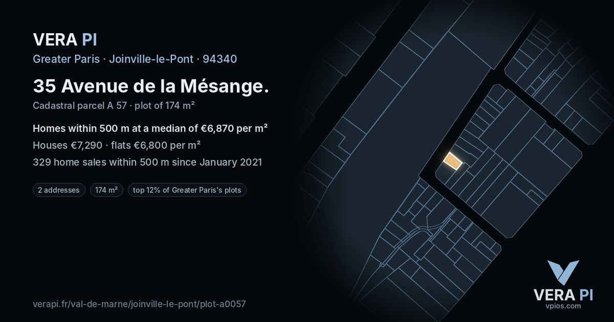 35 Avenue de la Mésange, Joinville-le-Pont at night – the plot lit, the parcels around coloured by the prices near them