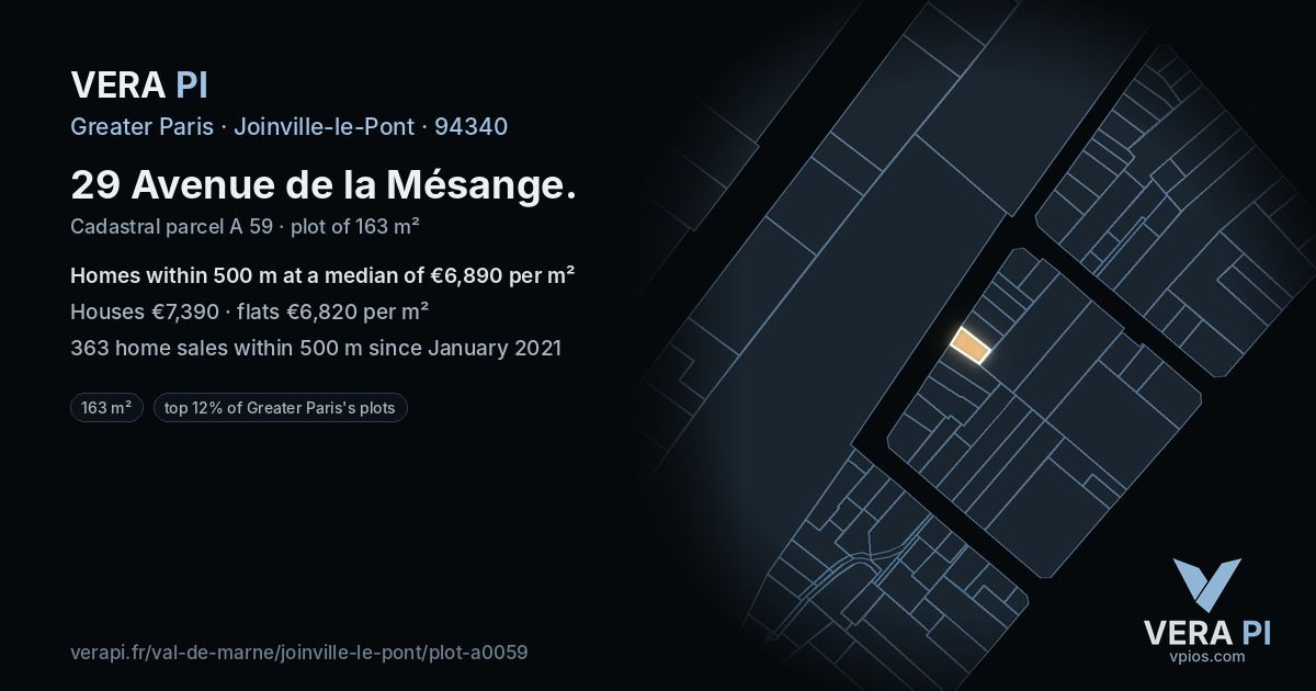 29 Avenue de la Mésange, Joinville-le-Pont at night – the plot lit, the parcels around coloured by the prices near them