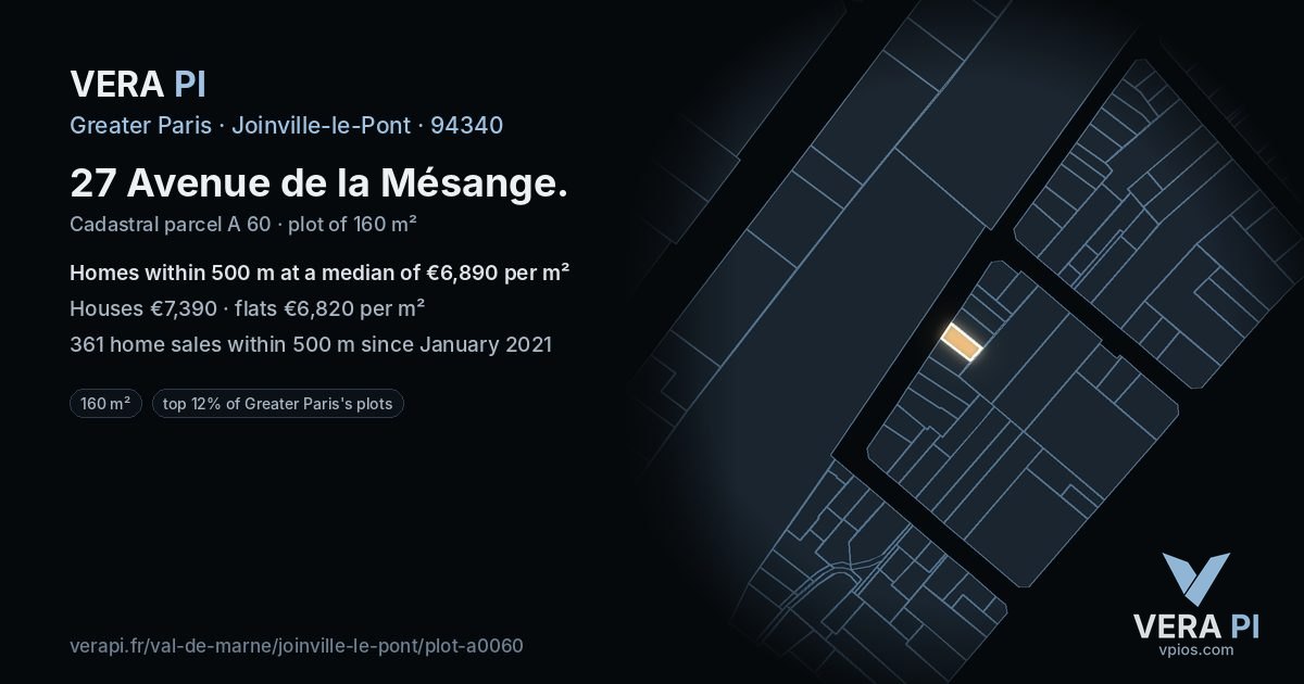 27 Avenue de la Mésange, Joinville-le-Pont at night – the plot lit, the parcels around coloured by the prices near them
