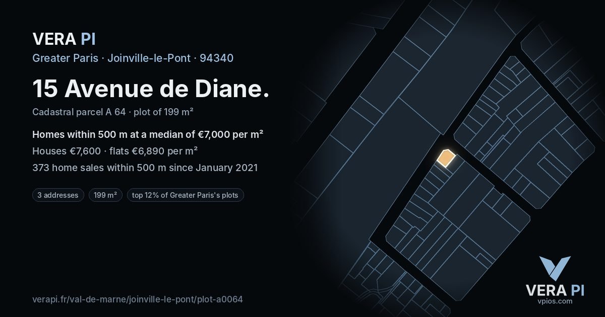 15 Avenue de Diane, Joinville-le-Pont at night – the plot lit, the parcels around coloured by the prices near them