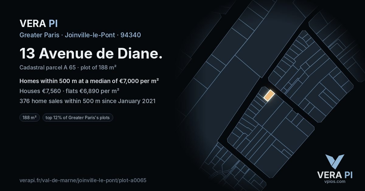13 Avenue de Diane, Joinville-le-Pont at night – the plot lit, the parcels around coloured by the prices near them