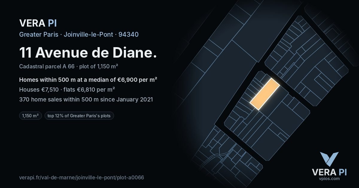 11 Avenue de Diane, Joinville-le-Pont at night – the plot lit, the parcels around coloured by the prices near them