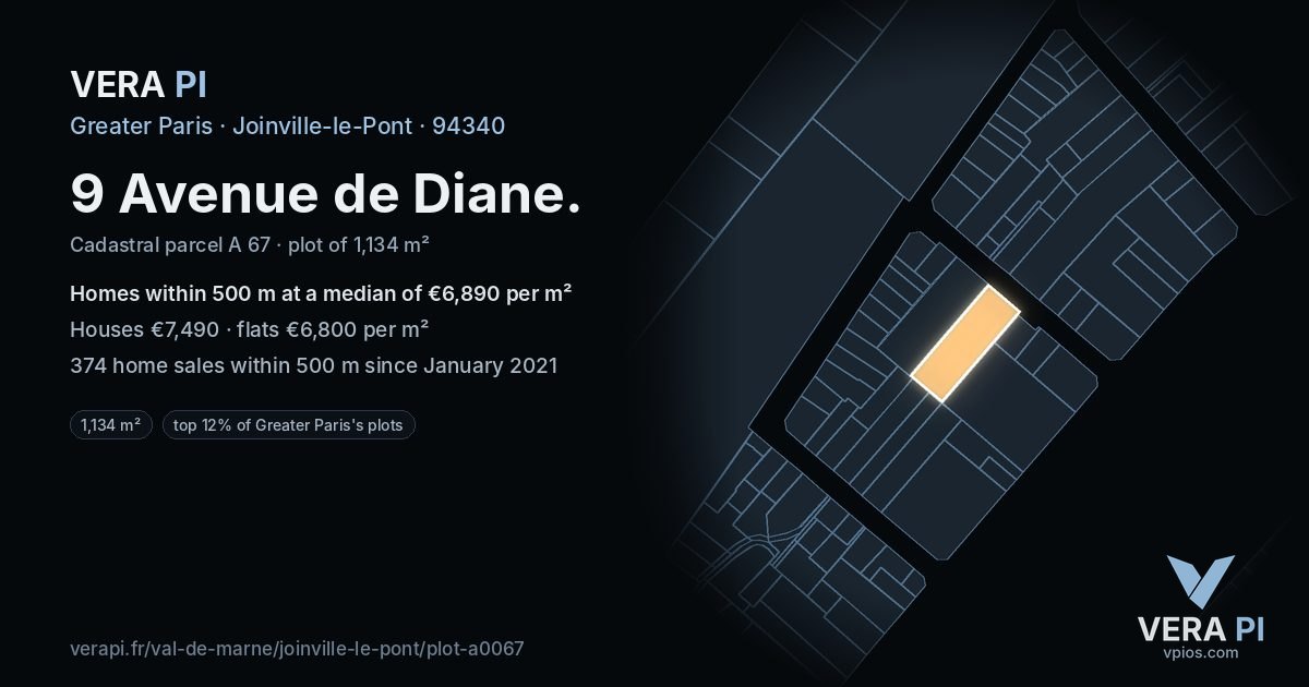 9 Avenue de Diane, Joinville-le-Pont at night – the plot lit, the parcels around coloured by the prices near them