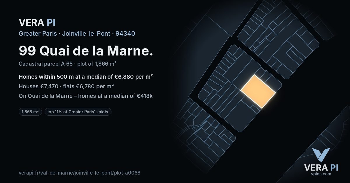 99 Quai de la Marne, Joinville-le-Pont at night – the plot lit, the parcels around coloured by the prices near them