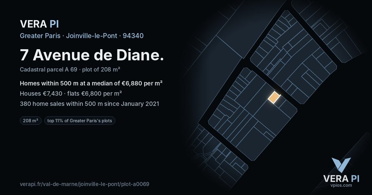 7 Avenue de Diane, Joinville-le-Pont at night – the plot lit, the parcels around coloured by the prices near them