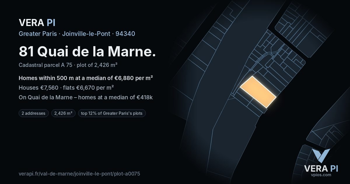81 Quai de la Marne, Joinville-le-Pont at night – the plot lit, the parcels around coloured by the prices near them