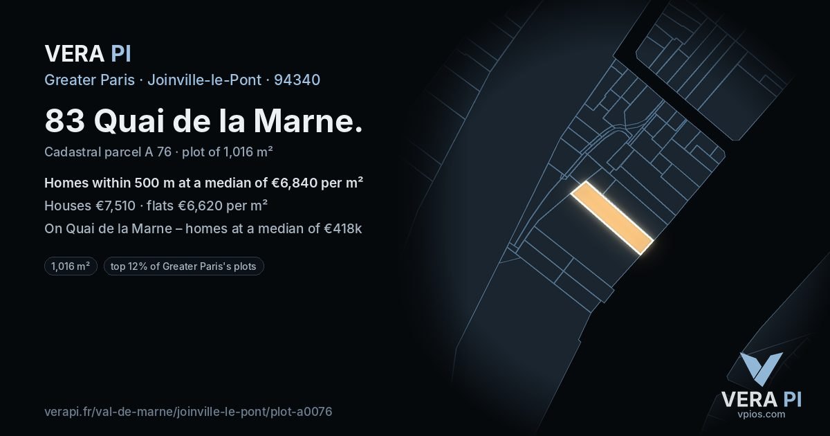 83 Quai de la Marne, Joinville-le-Pont at night – the plot lit, the parcels around coloured by the prices near them