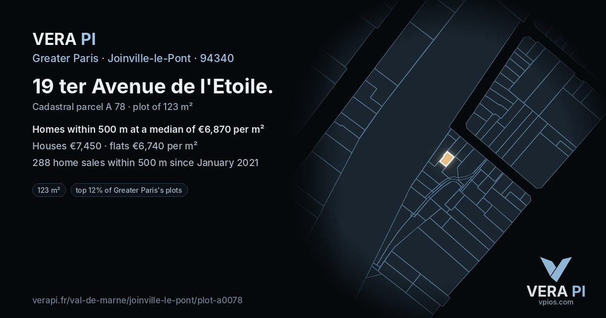 19 ter Avenue de l'Etoile, Joinville-le-Pont at night – the plot lit, the parcels around coloured by the prices near them