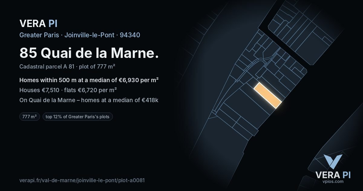 85 Quai de la Marne, Joinville-le-Pont at night – the plot lit, the parcels around coloured by the prices near them