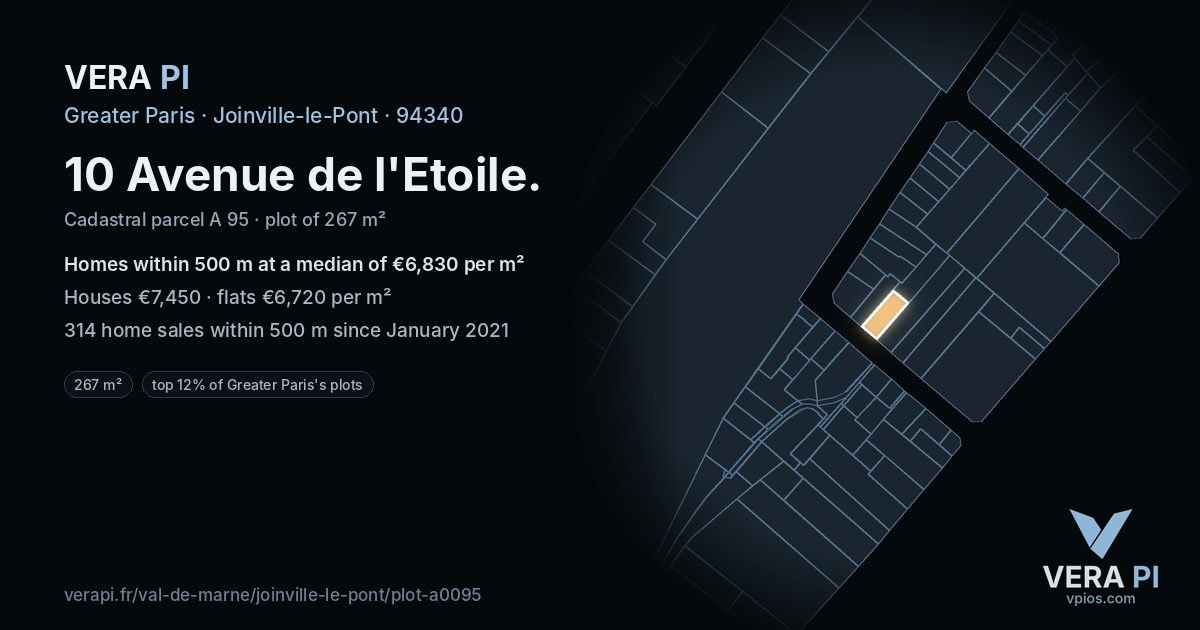 10 Avenue de l'Etoile, Joinville-le-Pont at night – the plot lit, the parcels around coloured by the prices near them
