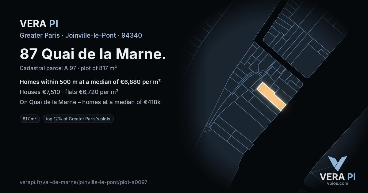 87 Quai de la Marne, Joinville-le-Pont at night – the plot lit, the parcels around coloured by the prices near them
