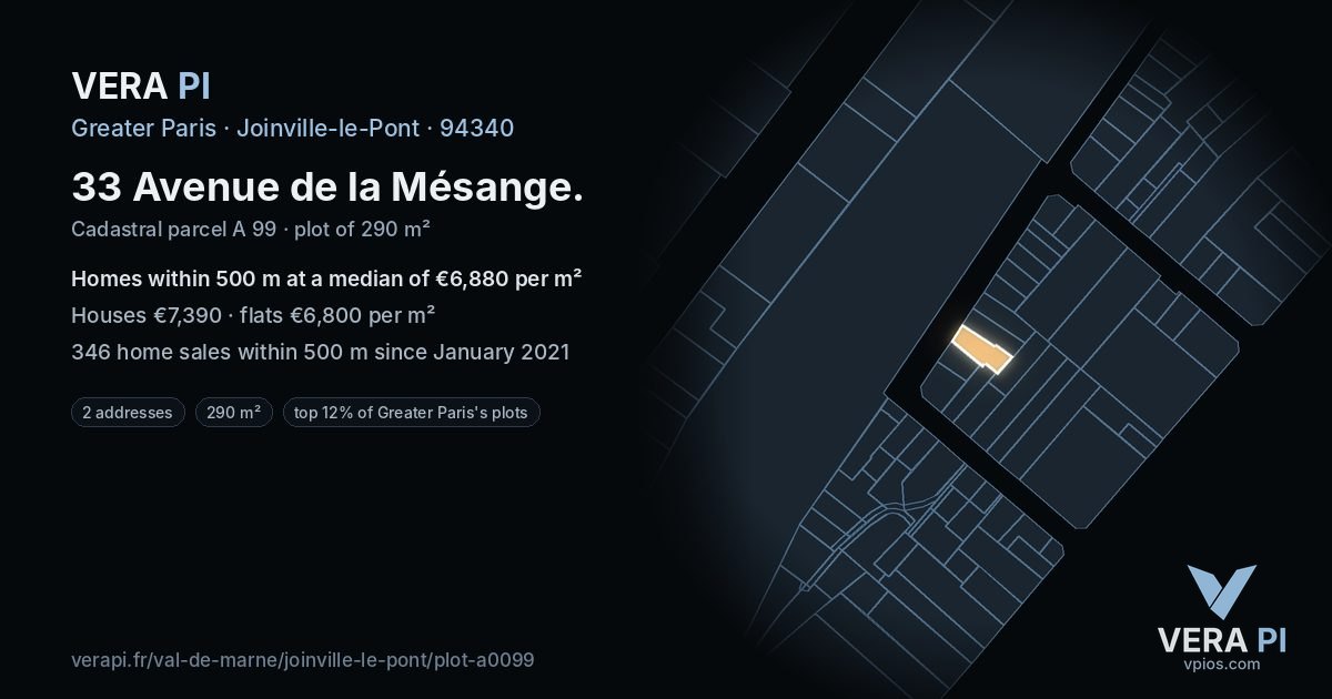 33 Avenue de la Mésange, Joinville-le-Pont at night – the plot lit, the parcels around coloured by the prices near them