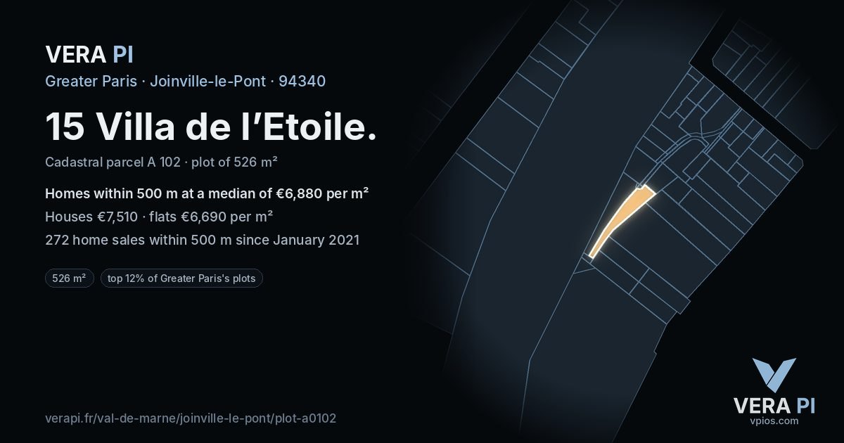15 Villa de l’Etoile, Joinville-le-Pont at night – the plot lit, the parcels around coloured by the prices near them