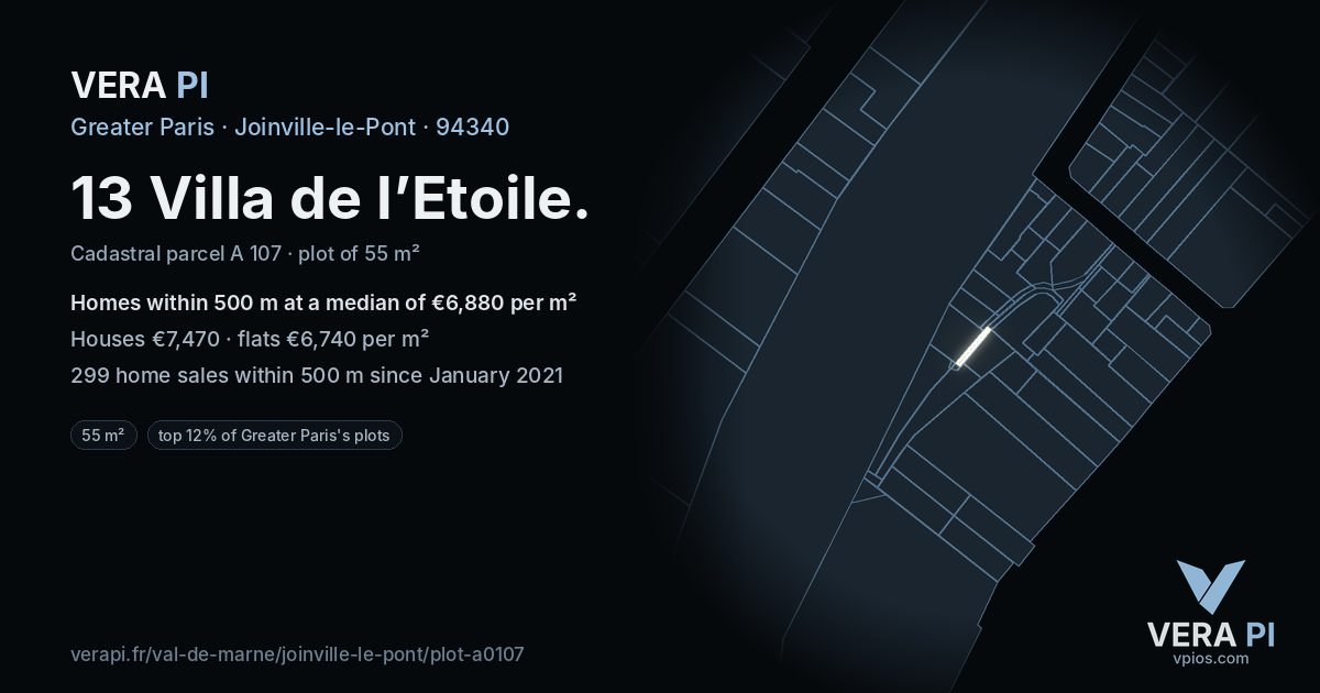 13 Villa de l’Etoile, Joinville-le-Pont at night – the plot lit, the parcels around coloured by the prices near them