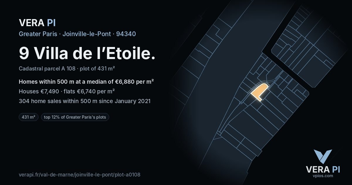 9 Villa de l’Etoile, Joinville-le-Pont at night – the plot lit, the parcels around coloured by the prices near them