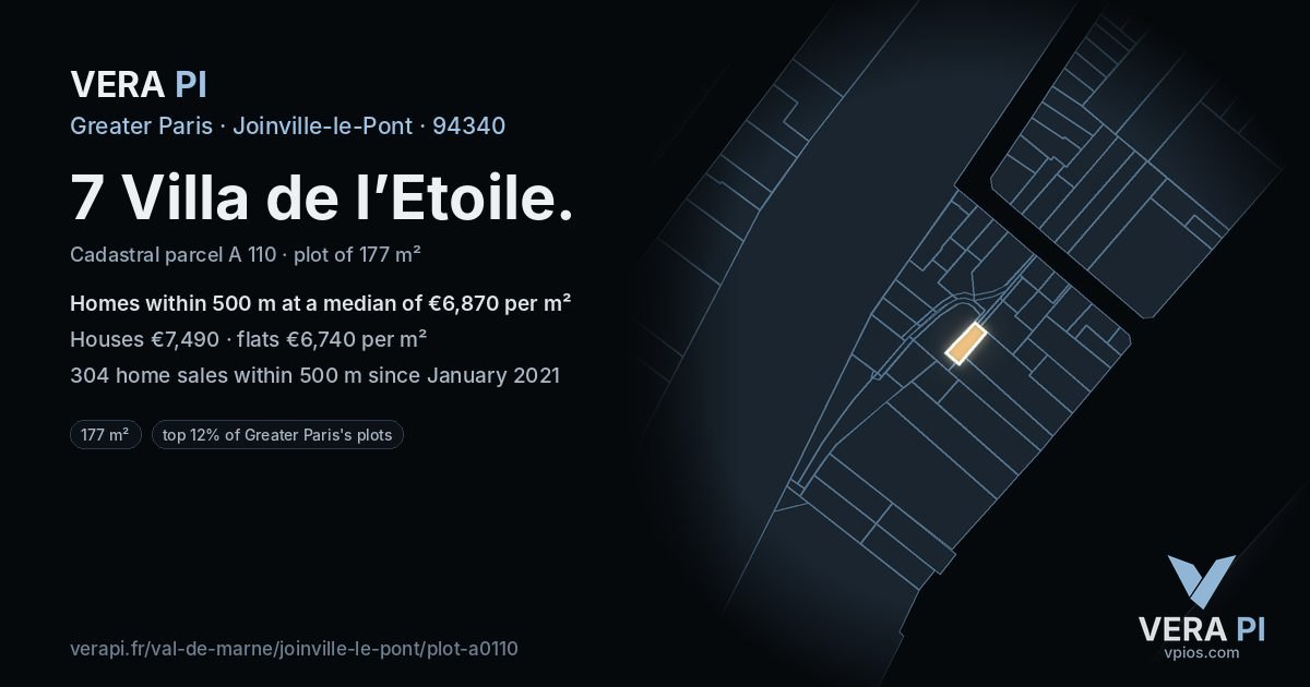 7 Villa de l’Etoile, Joinville-le-Pont at night – the plot lit, the parcels around coloured by the prices near them