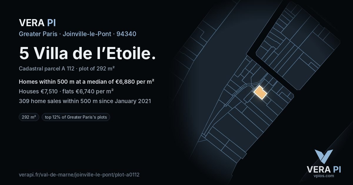 5 Villa de l’Etoile, Joinville-le-Pont at night – the plot lit, the parcels around coloured by the prices near them