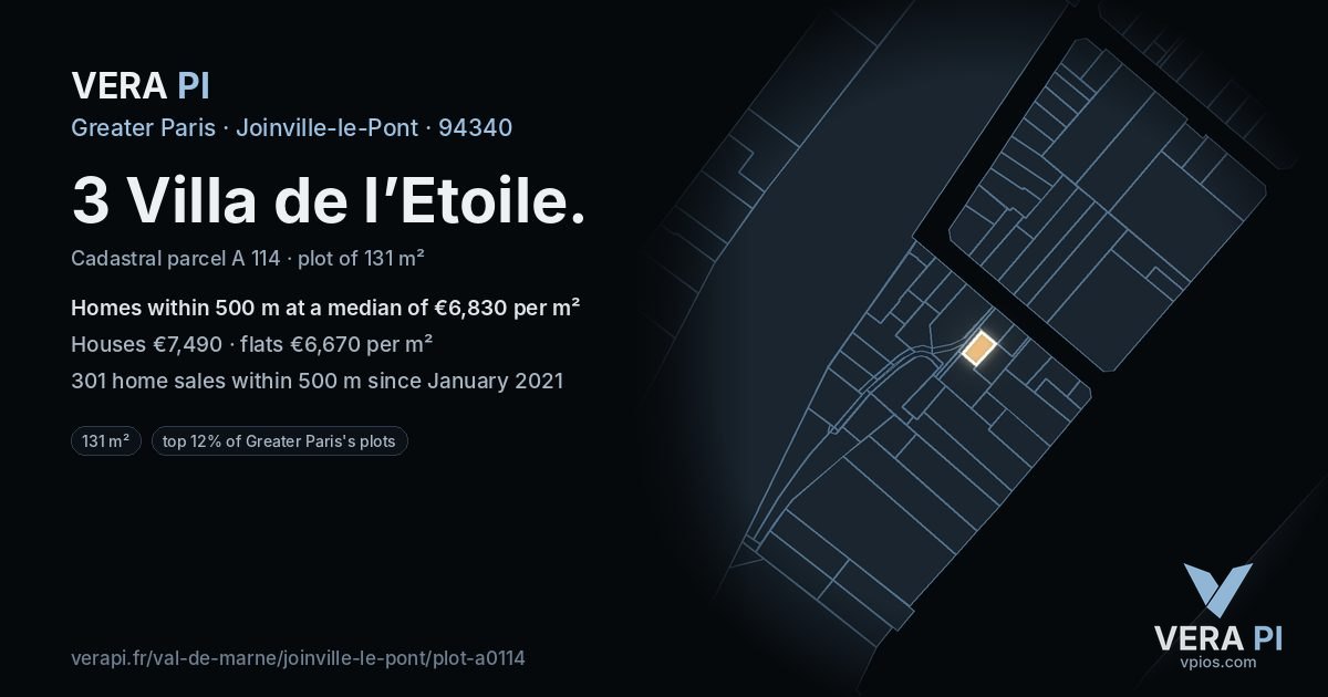 3 Villa de l’Etoile, Joinville-le-Pont at night – the plot lit, the parcels around coloured by the prices near them