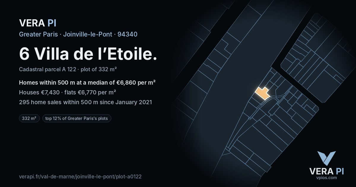 6 Villa de l’Etoile, Joinville-le-Pont at night – the plot lit, the parcels around coloured by the prices near them