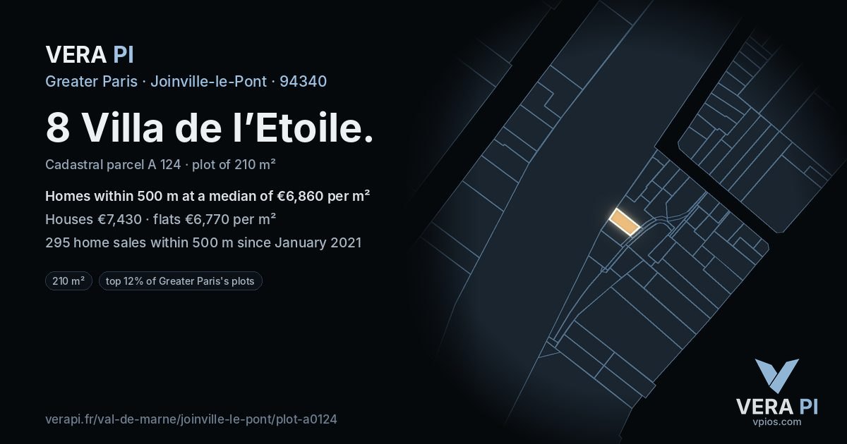 8 Villa de l’Etoile, Joinville-le-Pont at night – the plot lit, the parcels around coloured by the prices near them