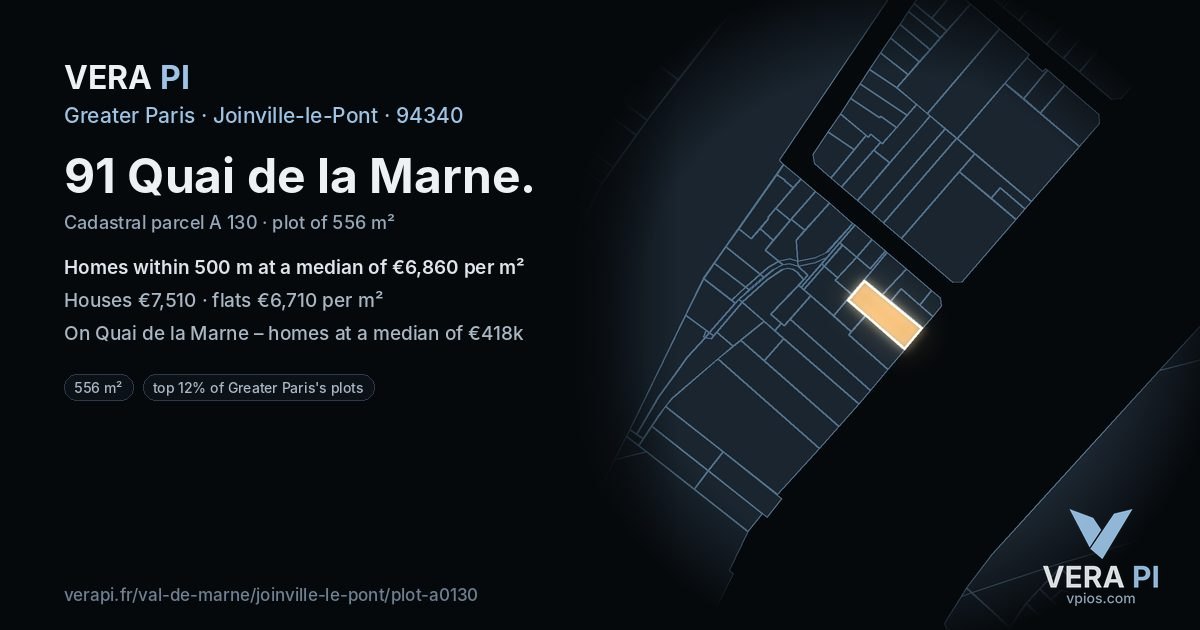 91 Quai de la Marne, Joinville-le-Pont at night – the plot lit, the parcels around coloured by the prices near them