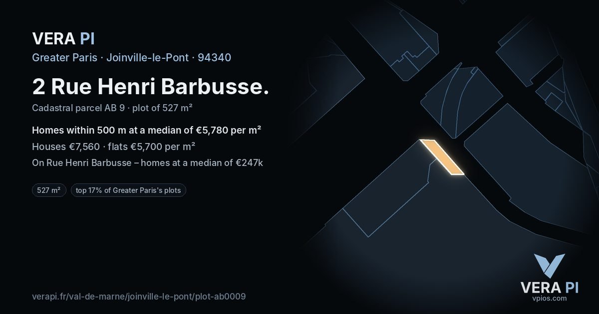 2 Rue Henri Barbusse, Joinville-le-Pont at night – the plot lit, the parcels around coloured by the prices near them
