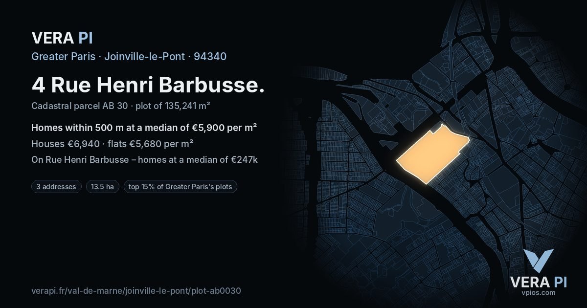 4 Rue Henri Barbusse, Joinville-le-Pont at night – the plot lit, the parcels around coloured by the prices near them