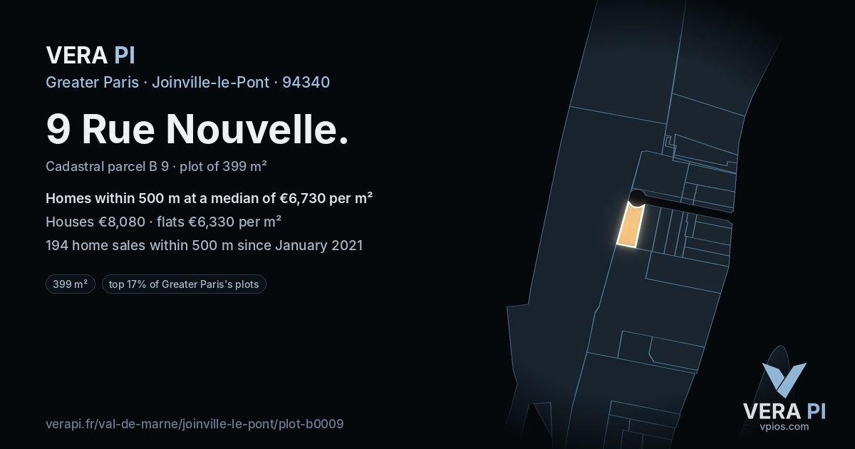 9 Rue Nouvelle, Joinville-le-Pont at night – the plot lit, the parcels around coloured by the prices near them