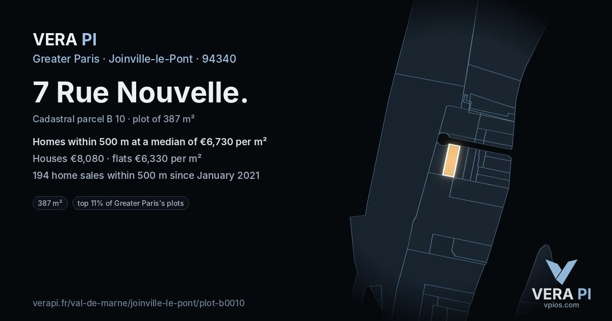 7 Rue Nouvelle, Joinville-le-Pont at night – the plot lit, the parcels around coloured by the prices near them