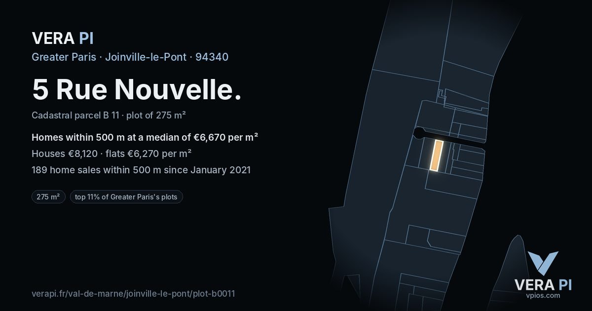 5 Rue Nouvelle, Joinville-le-Pont at night – the plot lit, the parcels around coloured by the prices near them