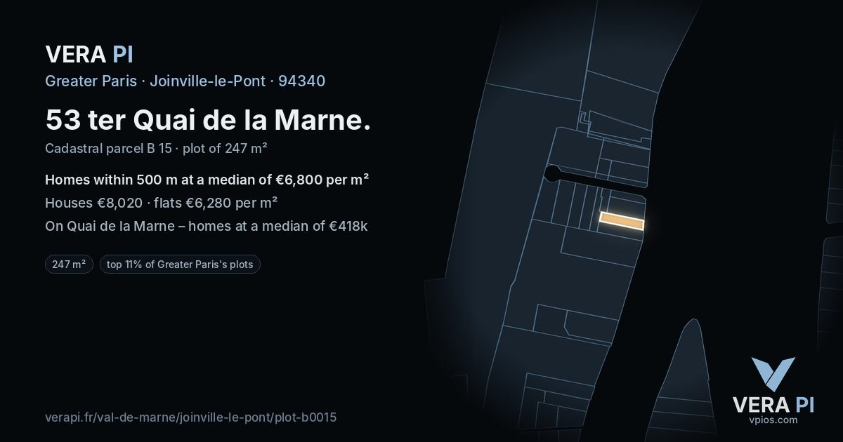53 ter Quai de la Marne, Joinville-le-Pont at night – the plot lit, the parcels around coloured by the prices near them