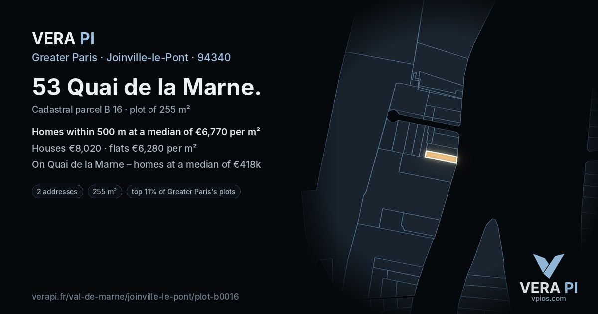 53 Quai de la Marne, Joinville-le-Pont at night – the plot lit, the parcels around coloured by the prices near them