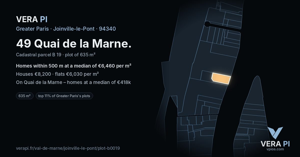 49 Quai de la Marne, Joinville-le-Pont at night – the plot lit, the parcels around coloured by the prices near them