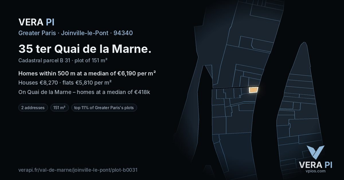 35 ter Quai de la Marne, Joinville-le-Pont at night – the plot lit, the parcels around coloured by the prices near them