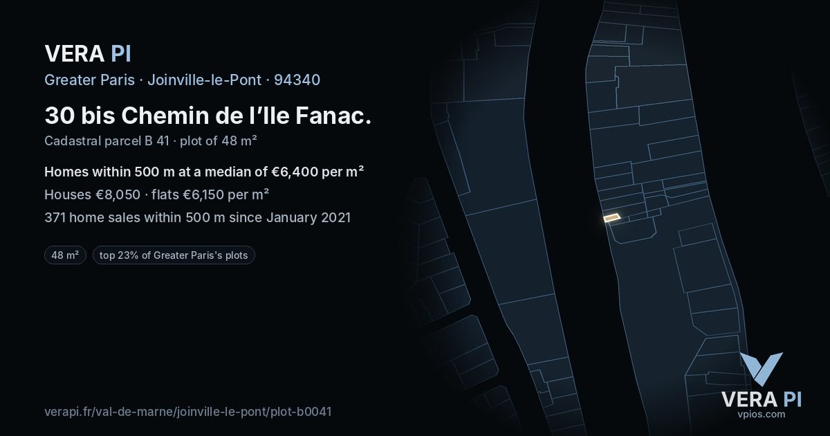 30 bis Chemin de l’Ile Fanac, Joinville-le-Pont at night – the plot lit, the parcels around coloured by the prices near them