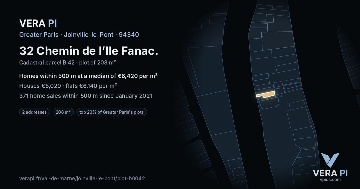 32 Chemin de l’Ile Fanac, Joinville-le-Pont at night – the plot lit, the parcels around coloured by the prices near them