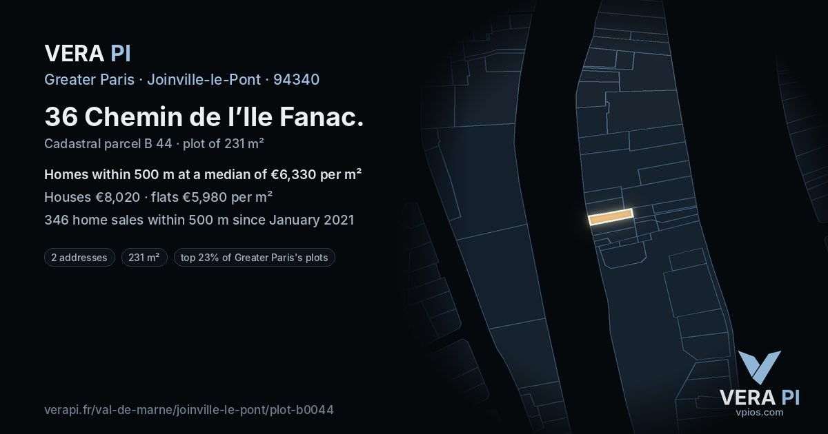 36 Chemin de l’Ile Fanac, Joinville-le-Pont at night – the plot lit, the parcels around coloured by the prices near them