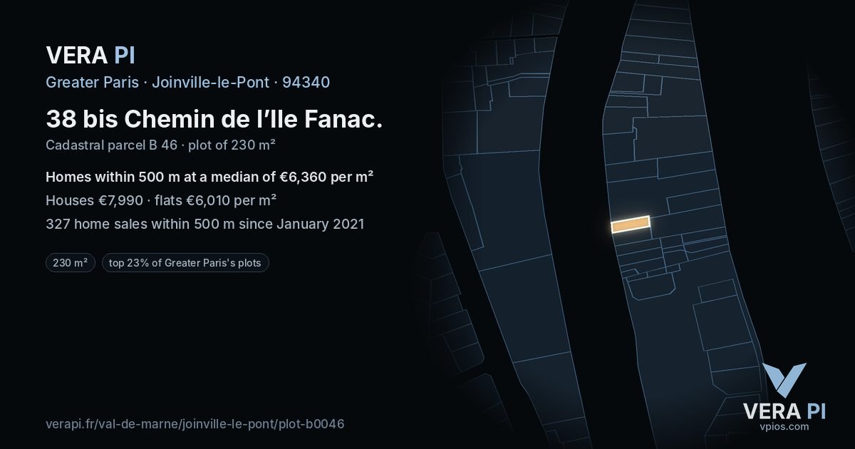 38 bis Chemin de l’Ile Fanac, Joinville-le-Pont at night – the plot lit, the parcels around coloured by the prices near them