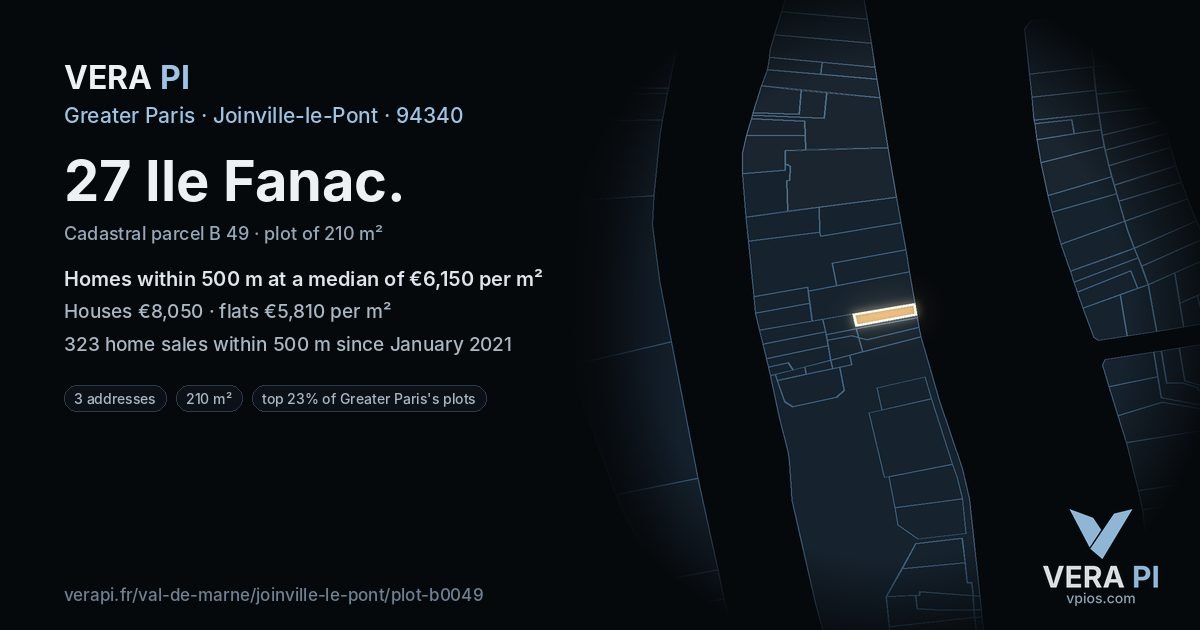 27 Ile Fanac, Joinville-le-Pont at night – the plot lit, the parcels around coloured by the prices near them
