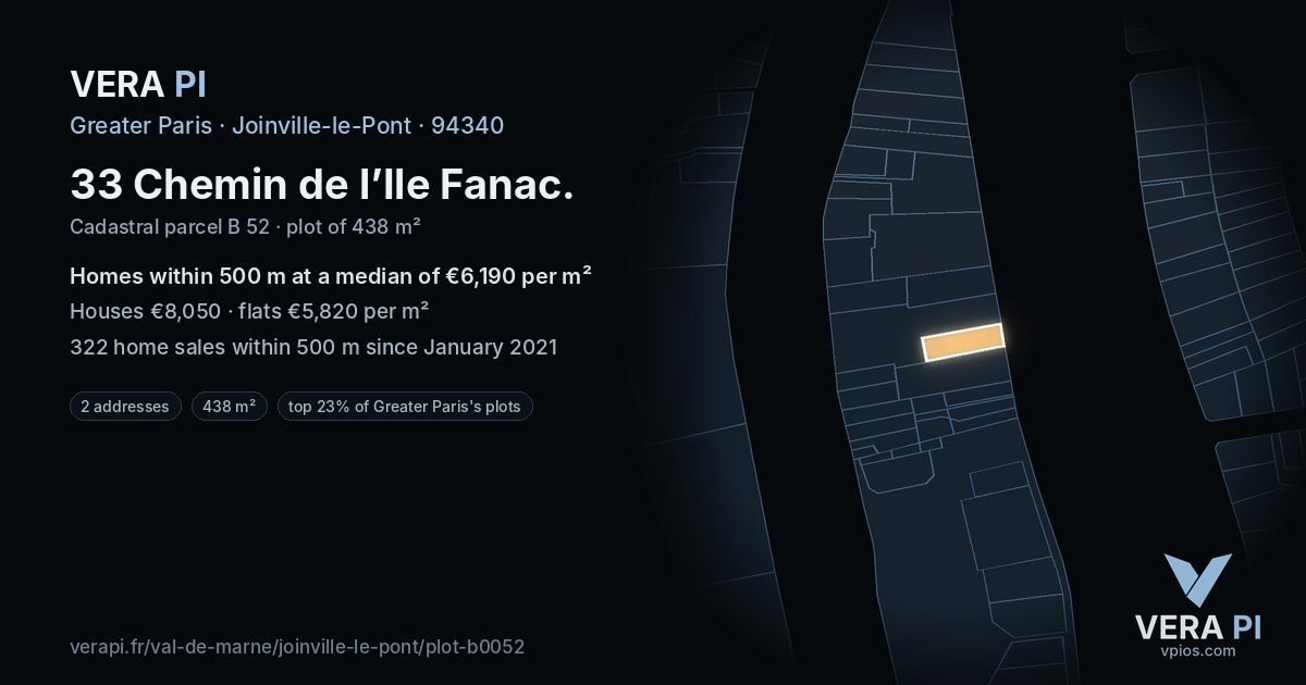 33 Chemin de l’Ile Fanac, Joinville-le-Pont at night – the plot lit, the parcels around coloured by the prices near them