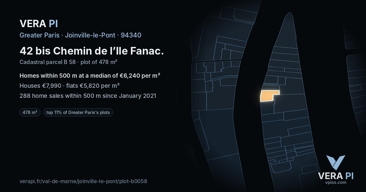 42 bis Chemin de l’Ile Fanac, Joinville-le-Pont at night – the plot lit, the parcels around coloured by the prices near them