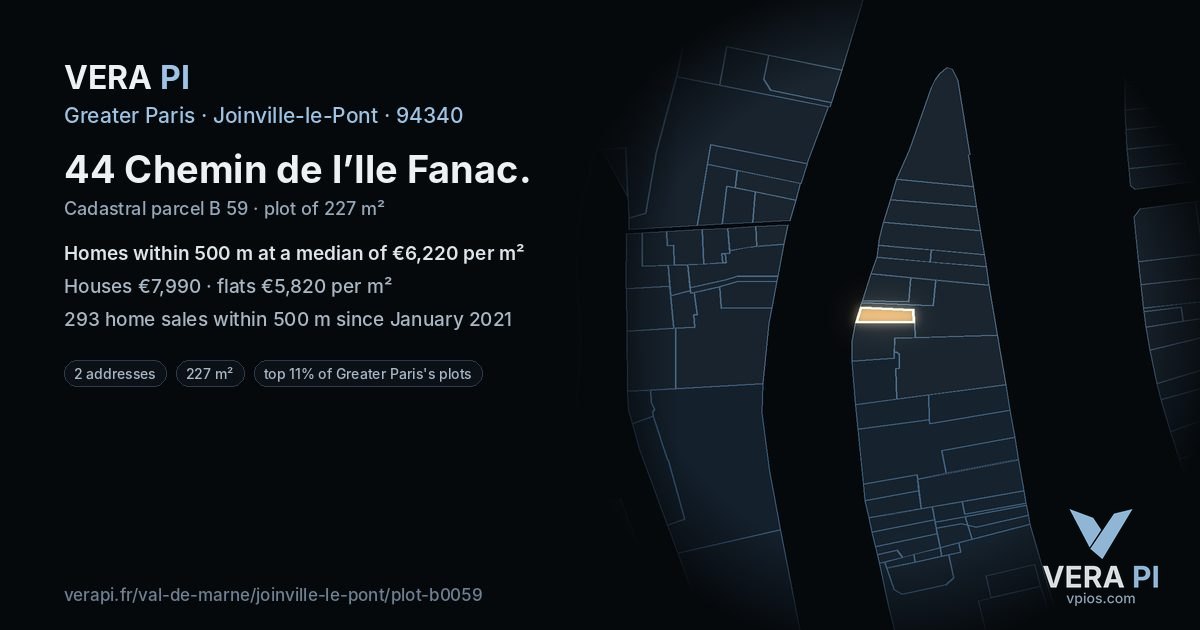 44 Chemin de l’Ile Fanac, Joinville-le-Pont at night – the plot lit, the parcels around coloured by the prices near them