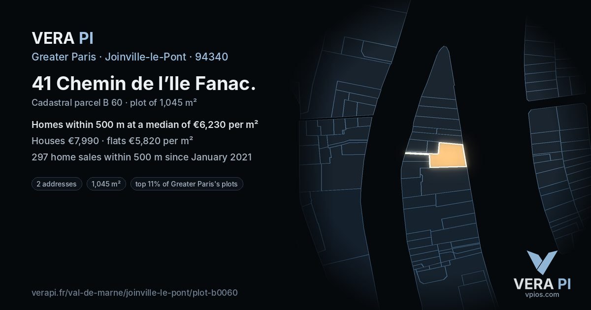 41 Chemin de l’Ile Fanac, Joinville-le-Pont at night – the plot lit, the parcels around coloured by the prices near them