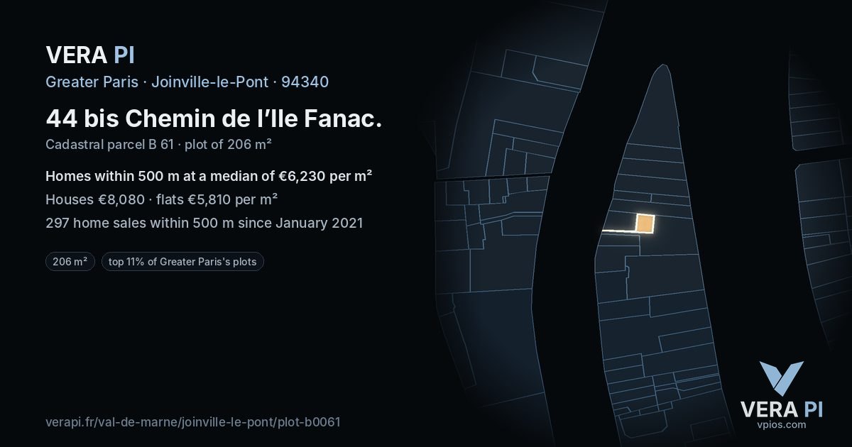 44 bis Chemin de l’Ile Fanac, Joinville-le-Pont at night – the plot lit, the parcels around coloured by the prices near them