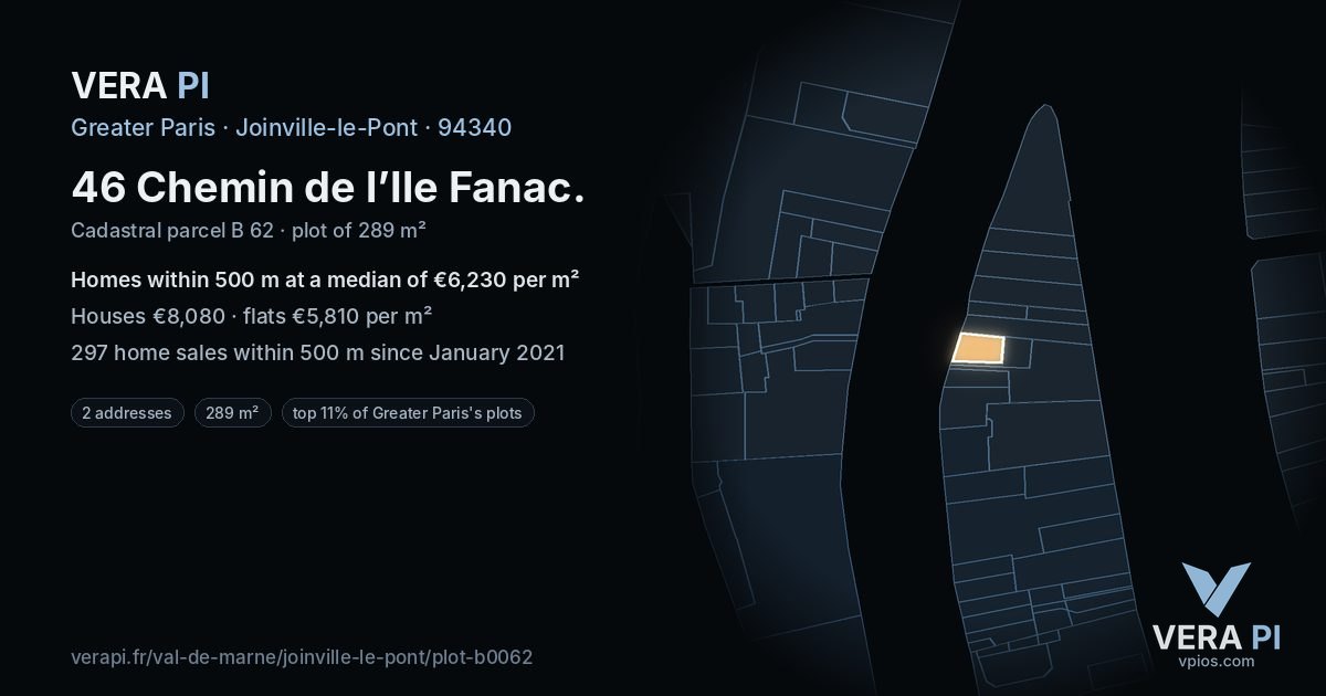 46 Chemin de l’Ile Fanac, Joinville-le-Pont at night – the plot lit, the parcels around coloured by the prices near them