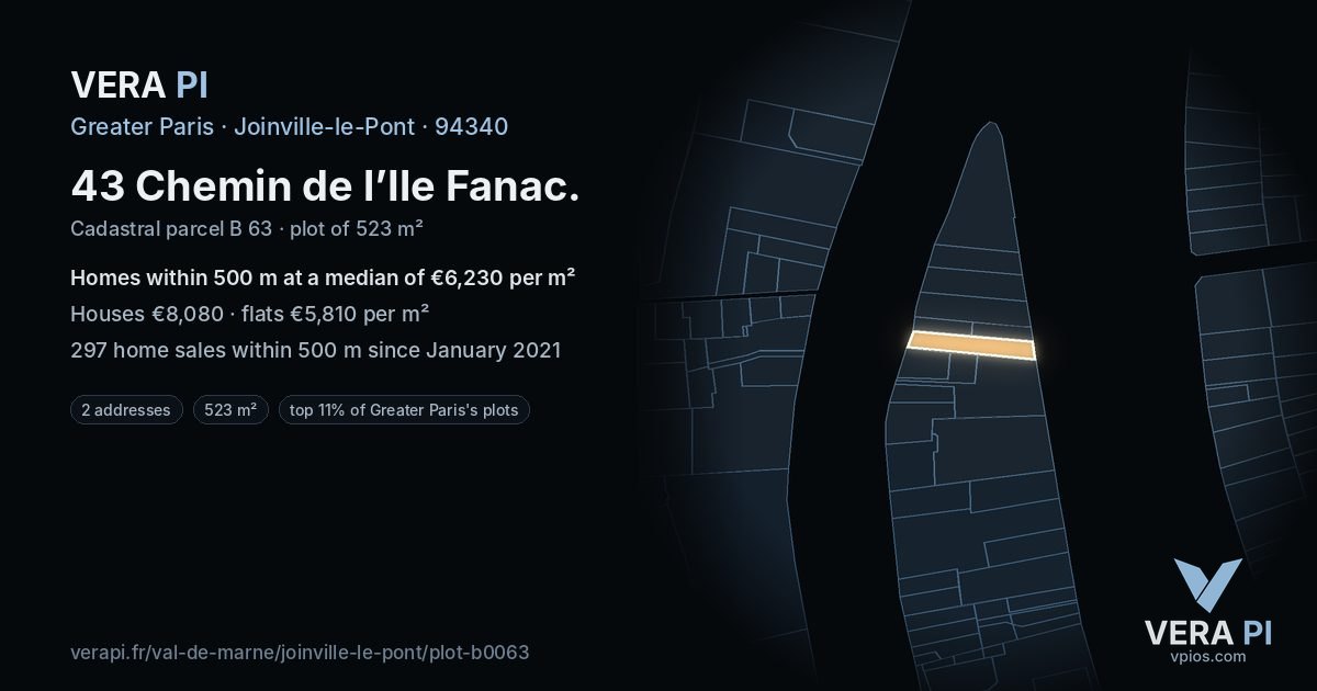 43 Chemin de l’Ile Fanac, Joinville-le-Pont at night – the plot lit, the parcels around coloured by the prices near them