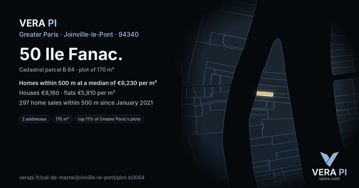 50 Ile Fanac, Joinville-le-Pont at night – the plot lit, the parcels around coloured by the prices near them