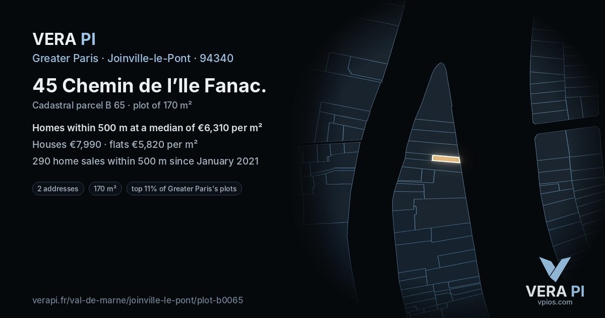 45 Chemin de l’Ile Fanac, Joinville-le-Pont at night – the plot lit, the parcels around coloured by the prices near them
