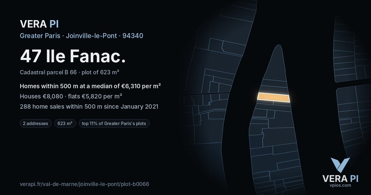 47 Ile Fanac, Joinville-le-Pont at night – the plot lit, the parcels around coloured by the prices near them