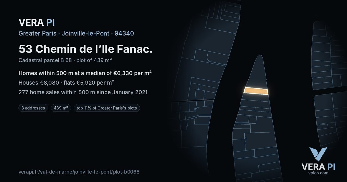 53 Chemin de l’Ile Fanac, Joinville-le-Pont at night – the plot lit, the parcels around coloured by the prices near them